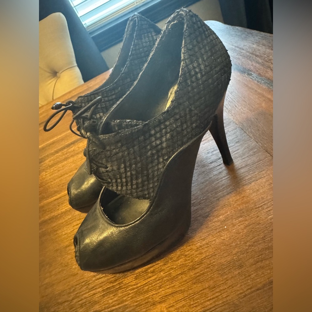 Stuart Weitzman Black Textured Lace-Up Heels